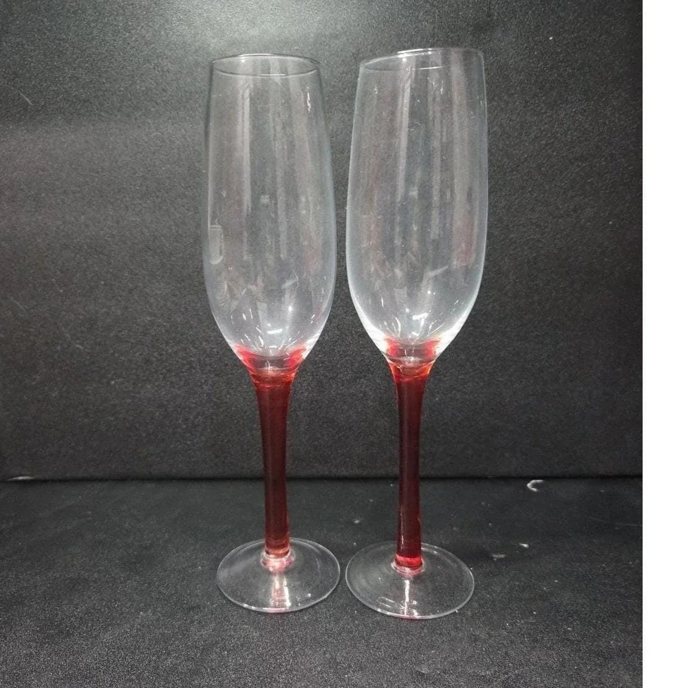Red Stemmed Champagne Flutes, Set of 2, Hand Blown Toasting Glasses, Stemware‎